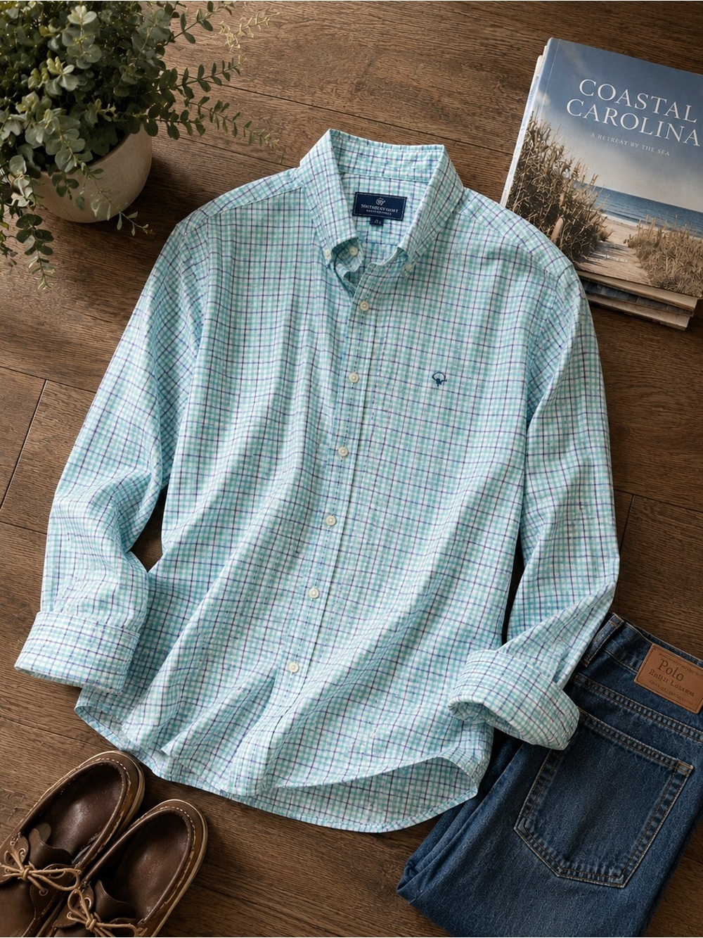 The Southern Shirt Company Blue Teal Mint Plaid Button-Down Dress Shirt